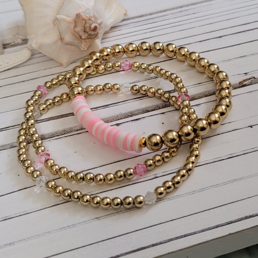Pink and gold bead Heishi bracelet, 3 piece set!